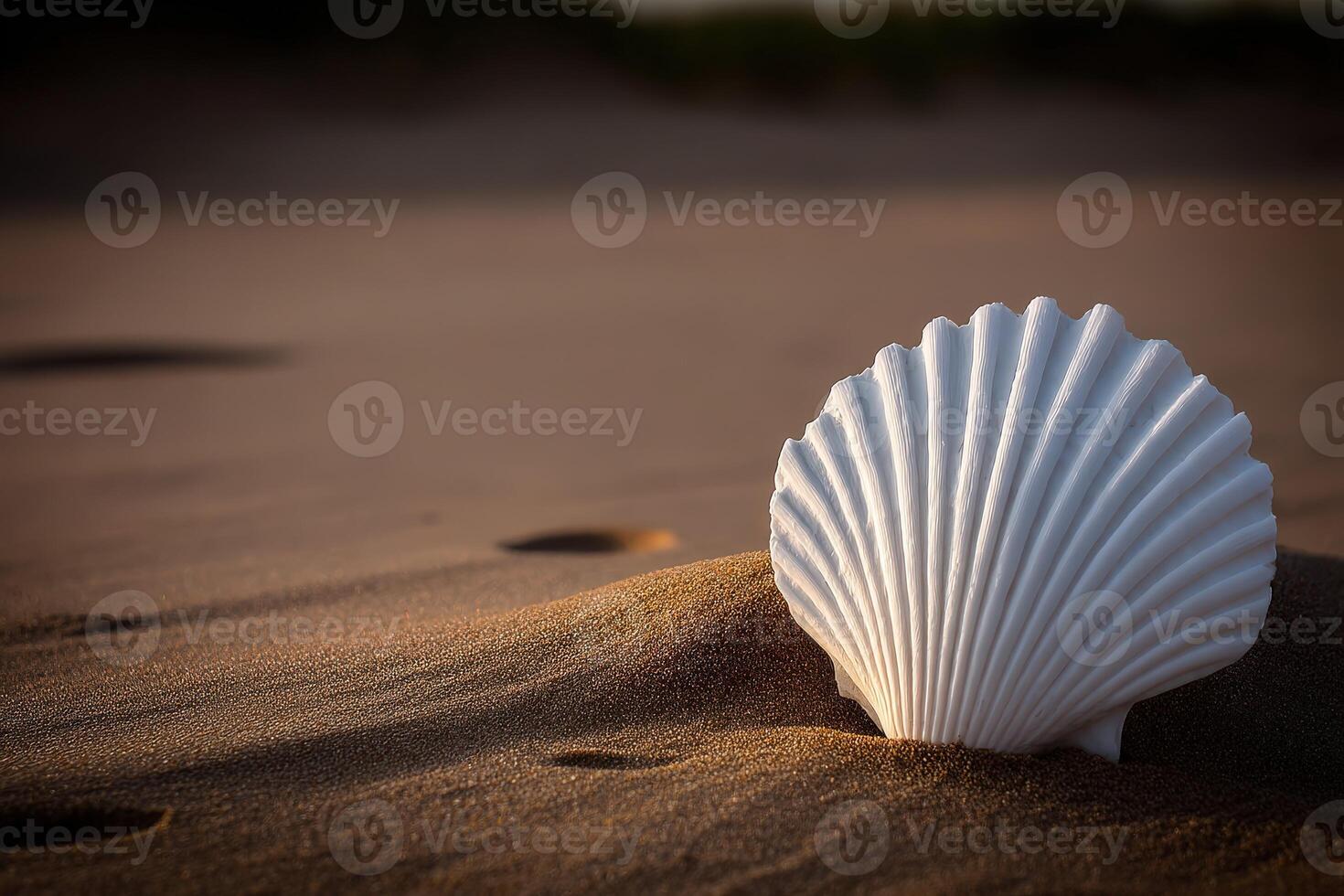 Shell resting gently on sandy beach during sunset photo