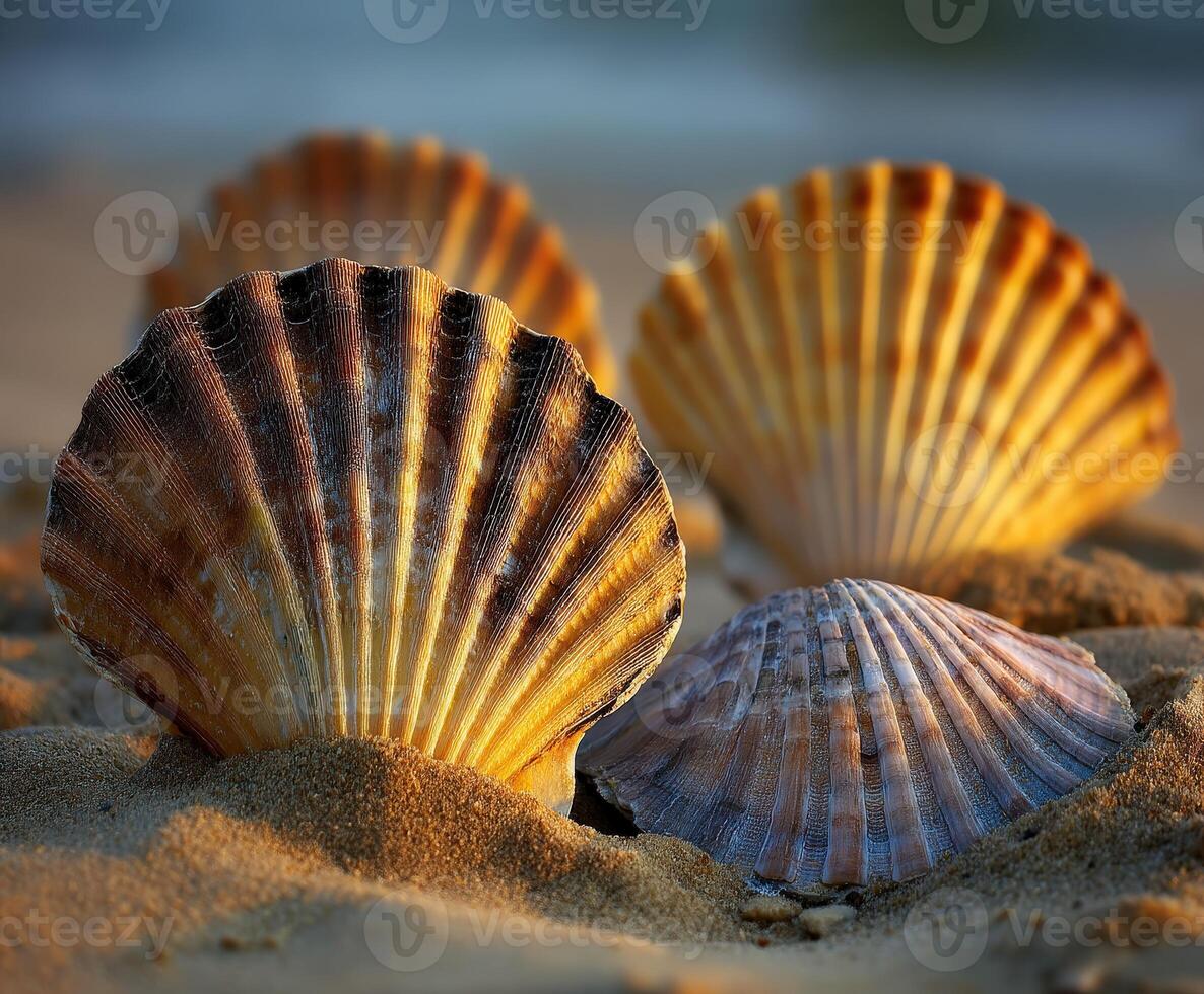 Beautiful shells arranged on sandy beach at sunset photo