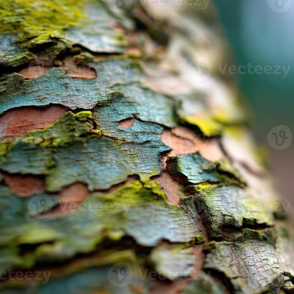 Close-up view of textured tree bark with green moss photo