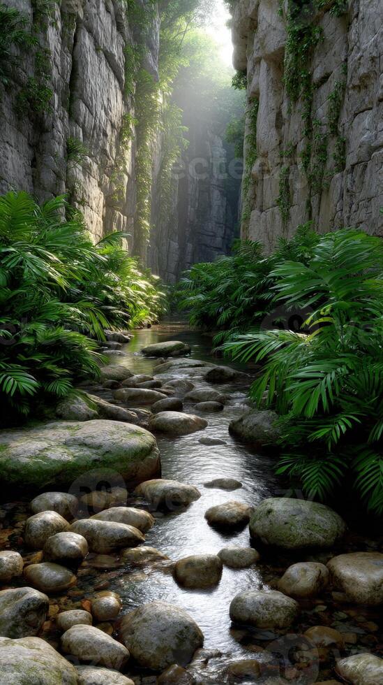Lush canyon with flowing stream and sunlit greenery photo