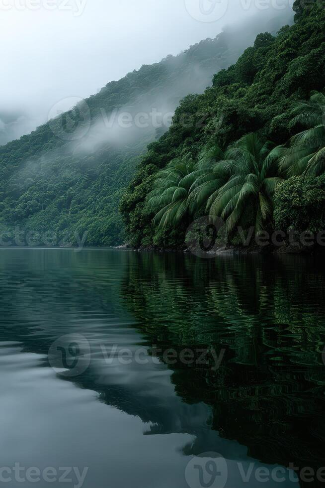 Lush green landscape with calm waters in a misty setting photo
