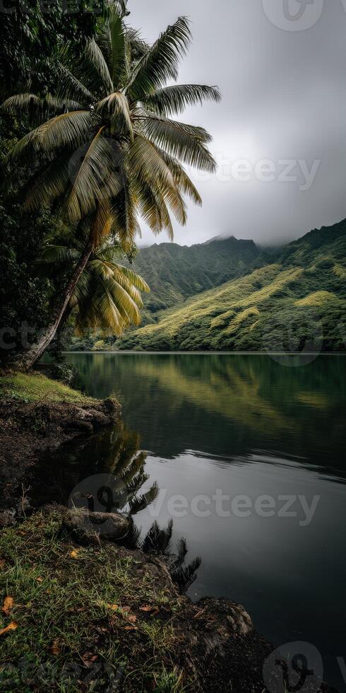 Calm lake surrounded by lush greenery under cloudy sky photo