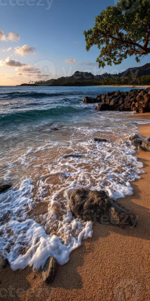 Beautiful shoreline with waves gently lapping at the sand photo