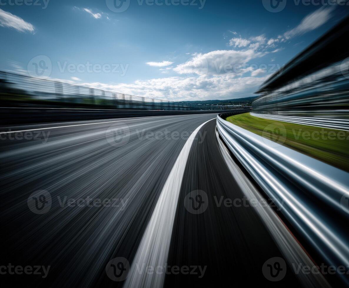 Racing cars speed along a winding track under blue skies photo