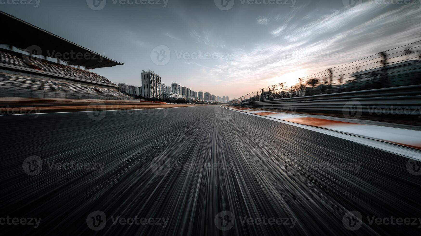 High-speed racing track at dusk in urban setting photo