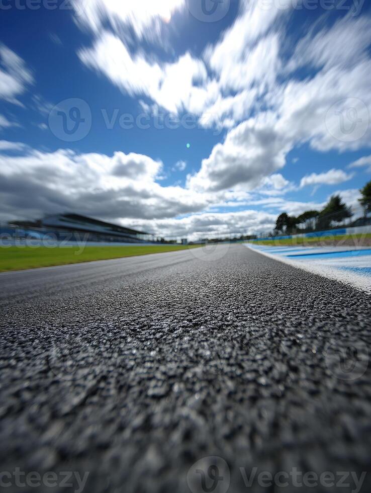 Race track view with dramatic clouds in clear sky photo