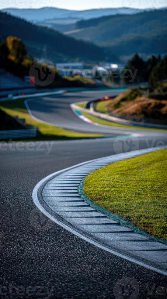 Winding race track curving through mountains on a sunny day photo