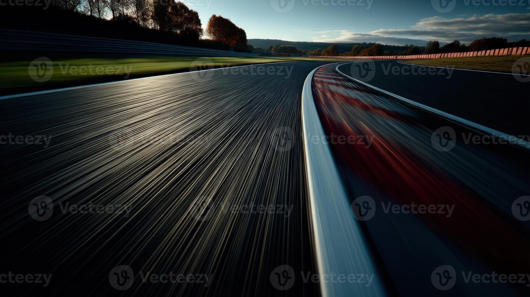 Curving racetrack under golden sunlight during early morning photo