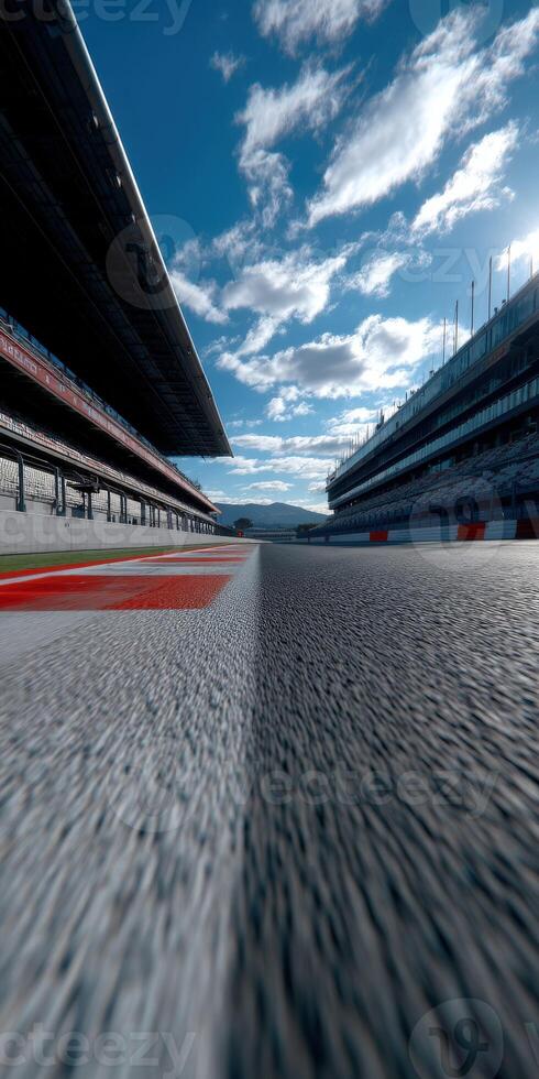 Wide angle view of racetrack under a blue sky in daytime photo