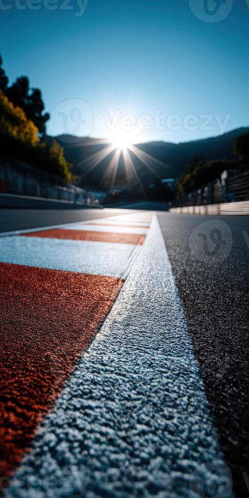 Sunset view over racetrack with colorful markings in foreground photo