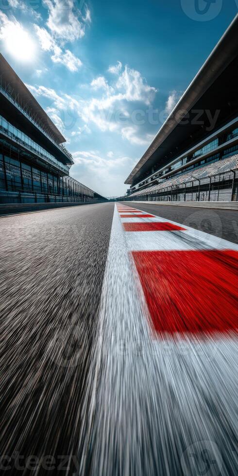 Racetrack view with vibrant lines and grandstands under blue sky photo
