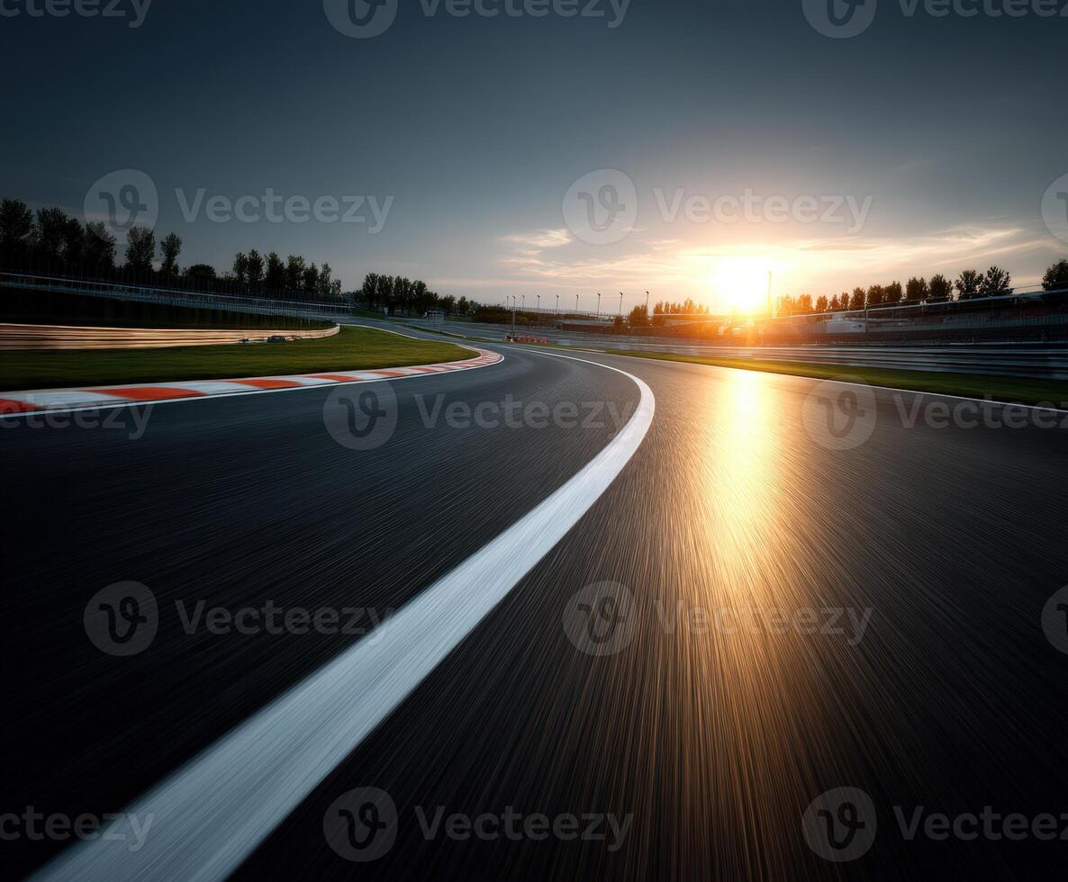 Racing track curves with sunset in the background near the horizon photo