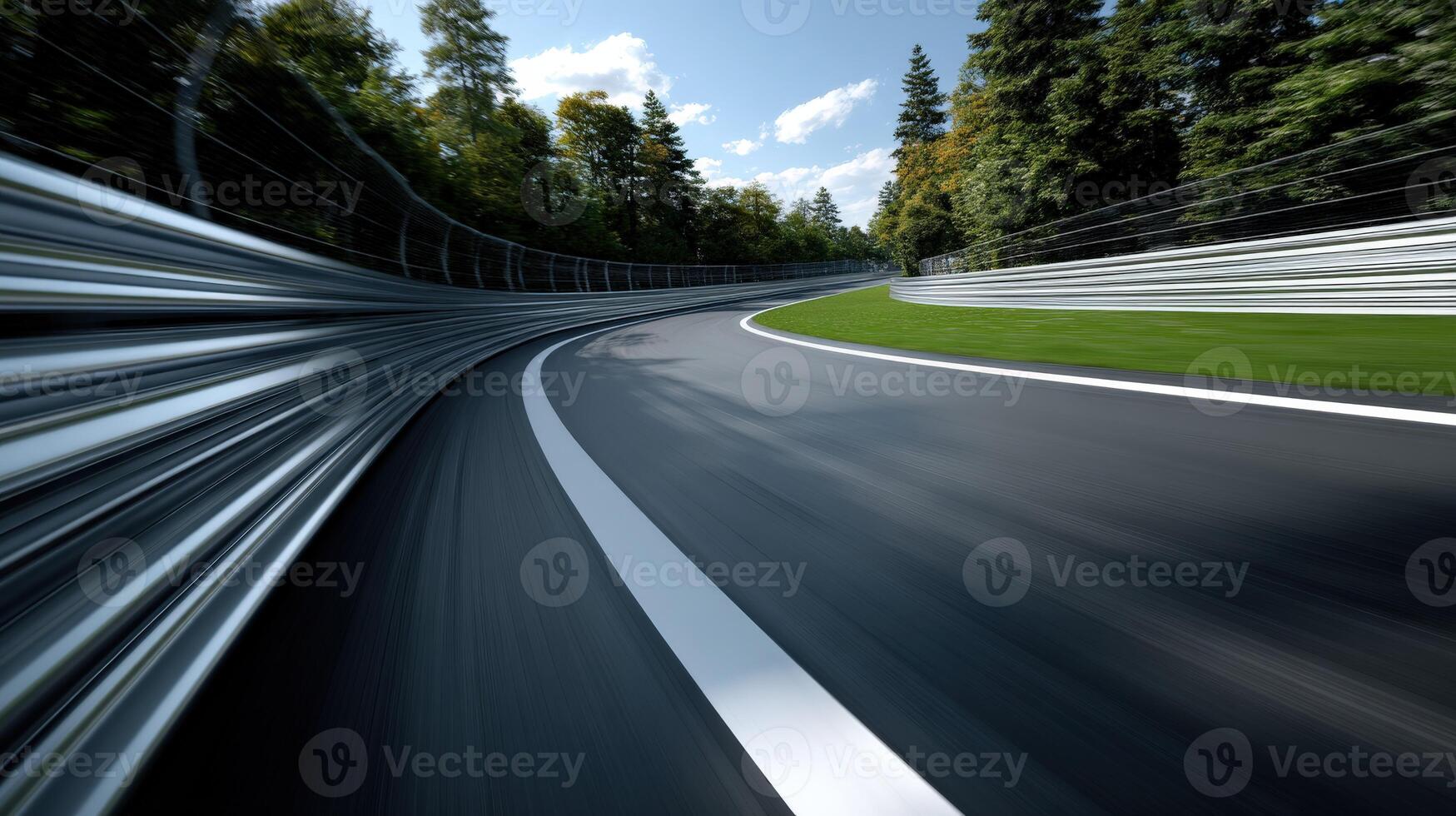Racing down a winding track surrounded by lush trees photo