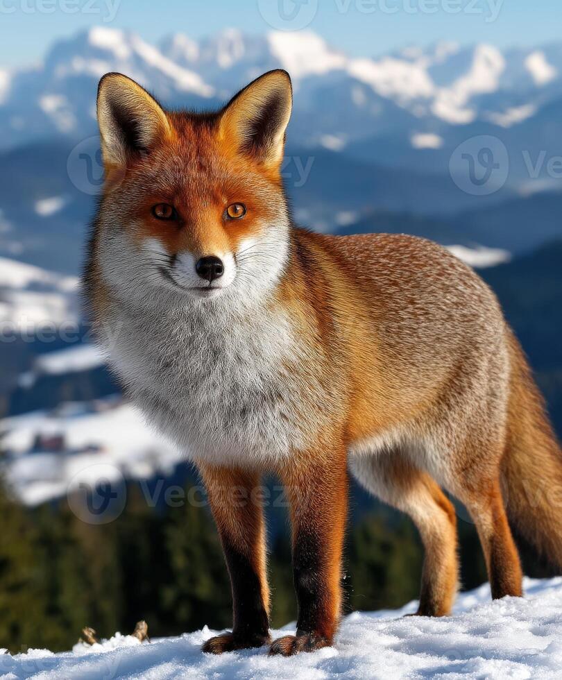 Fox in snow with mountains in winter photo