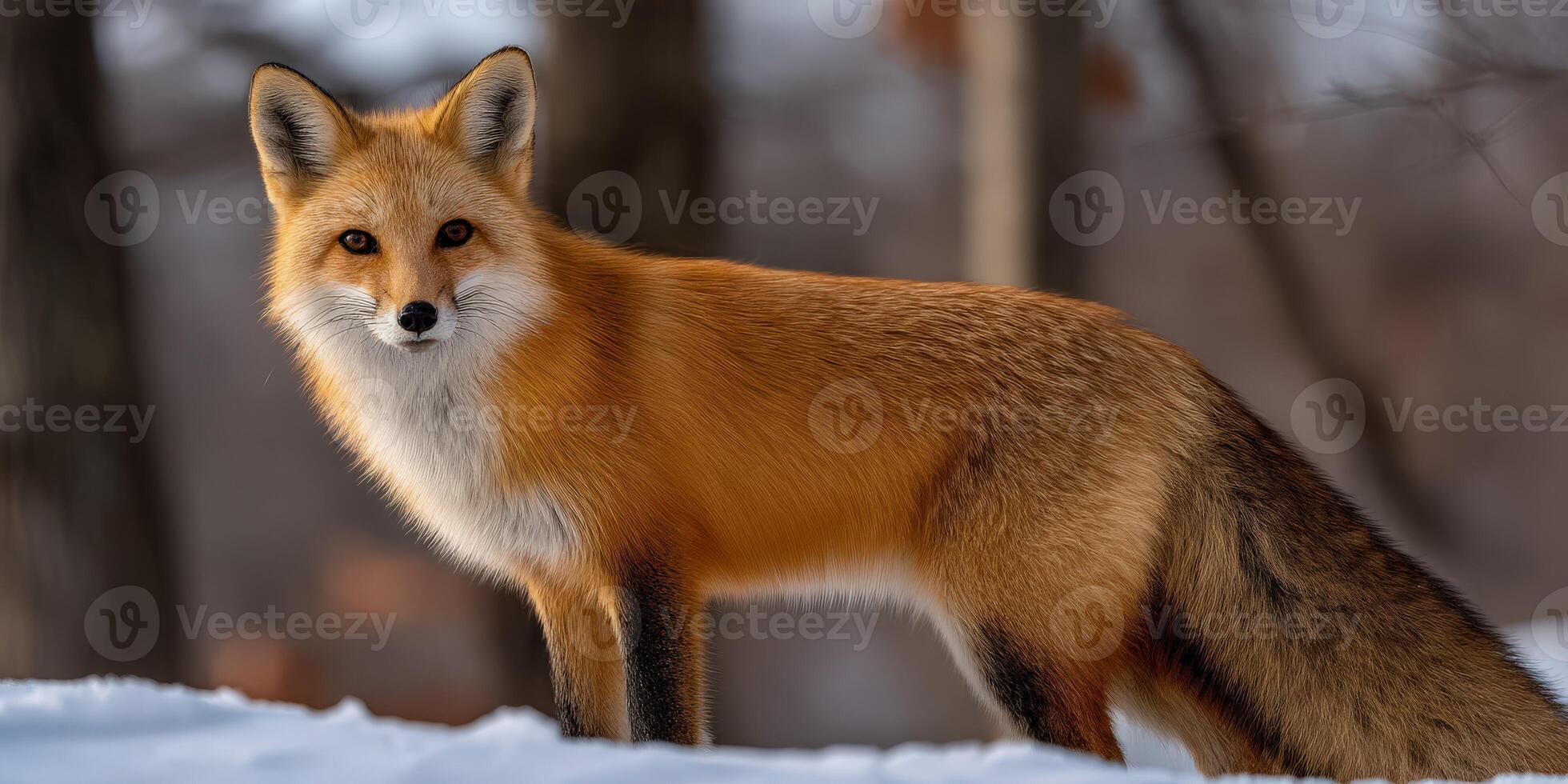 Red fox standing gracefully in snow-covered forest photo