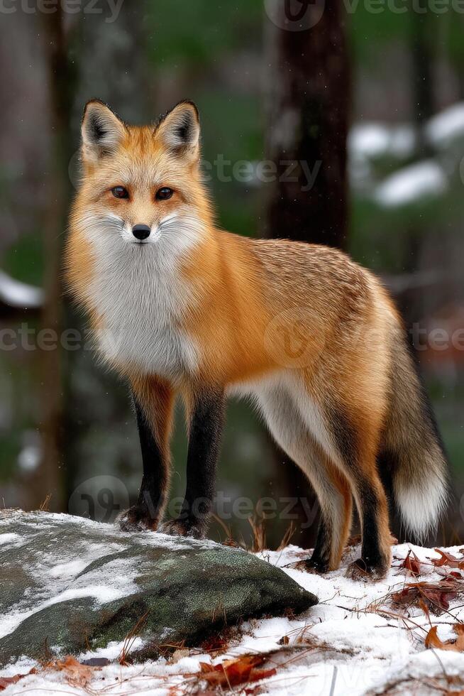 Fox stands gracefully in snowy forest landscape during winter photo