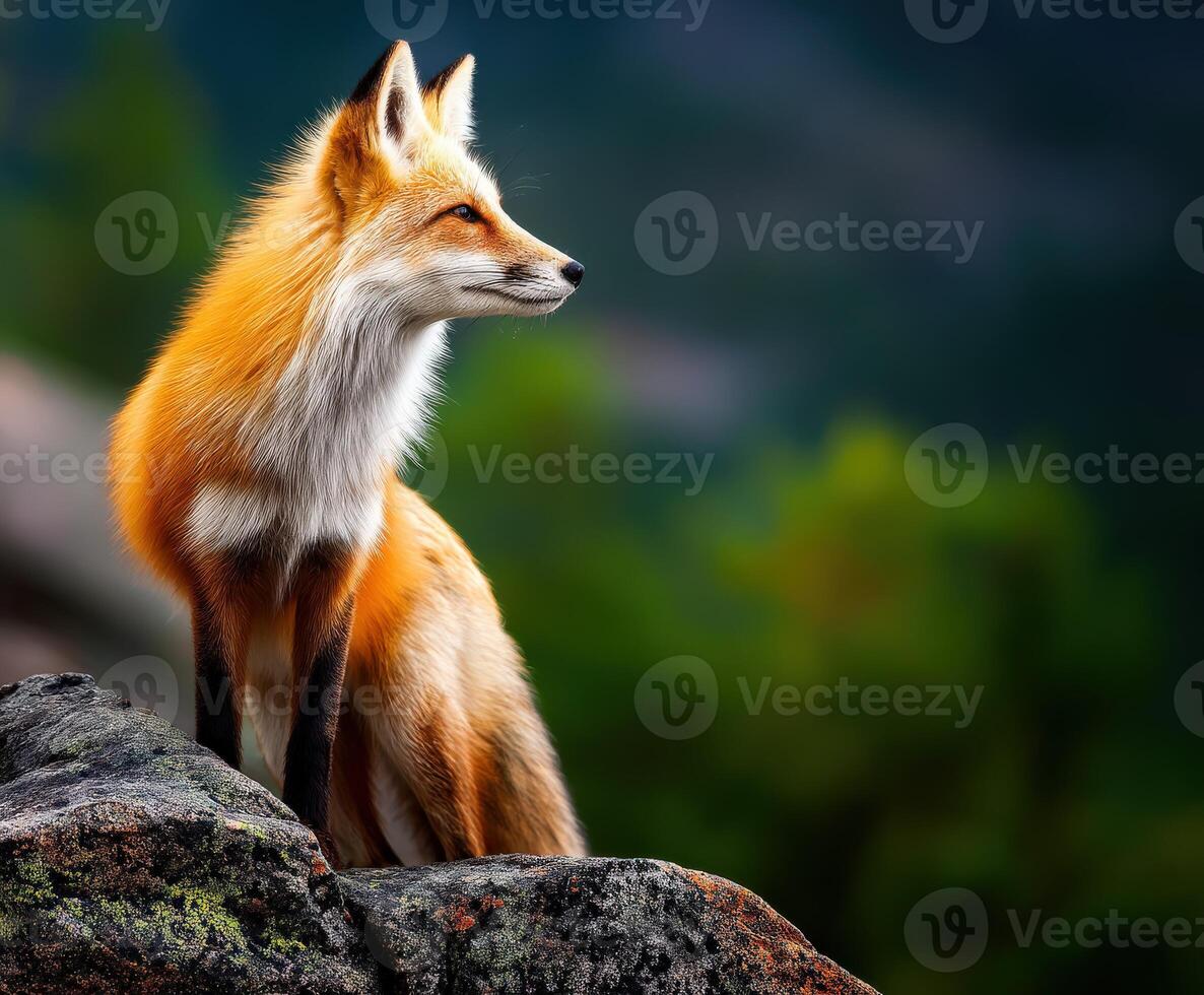Wild fox rests on a rock while observing its surroundings photo