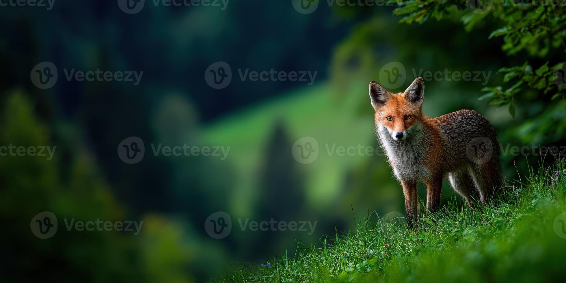 Fox stands gracefully in a lush green field during daylight photo