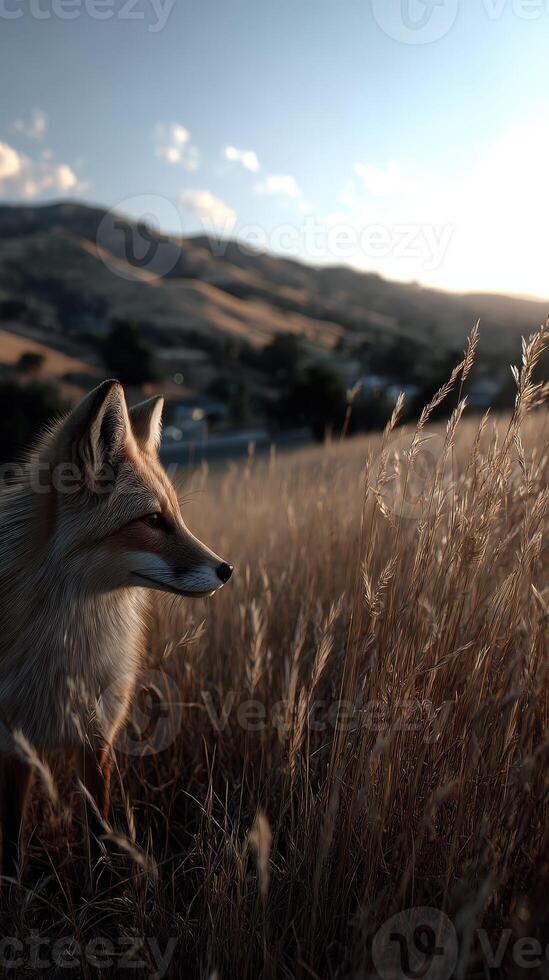 Fox observing golden grass at sunset in a peaceful meadow photo