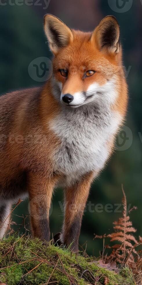 Fox stands proudly on a mossy rock in a forest setting photo