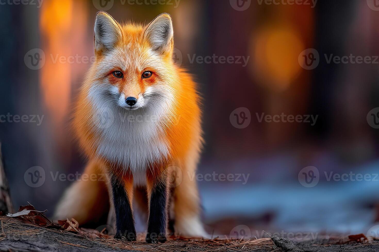 Fox resting in a wooded area during sunset photo