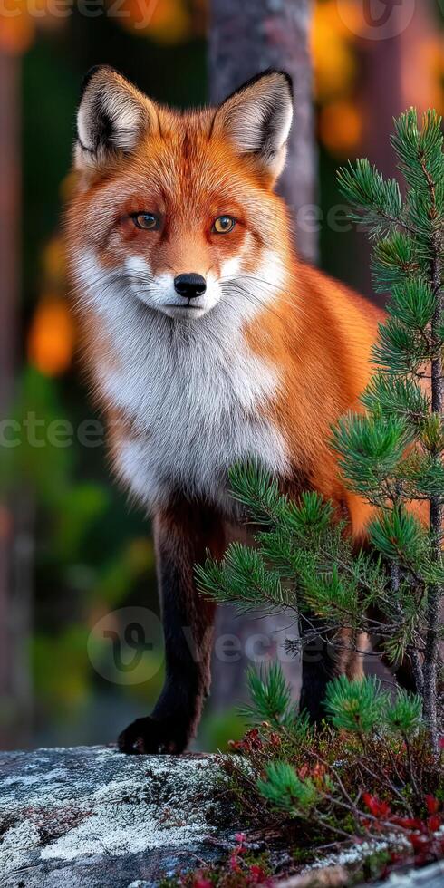 Stunning red fox standing beside pine trees in autumn forest photo