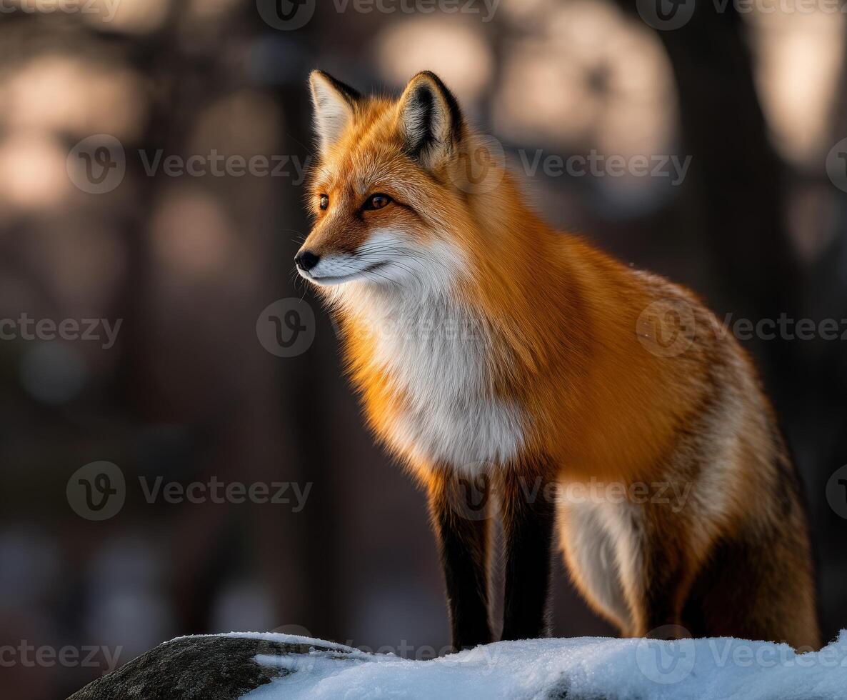 A red fox stands on a rock in the snow photo