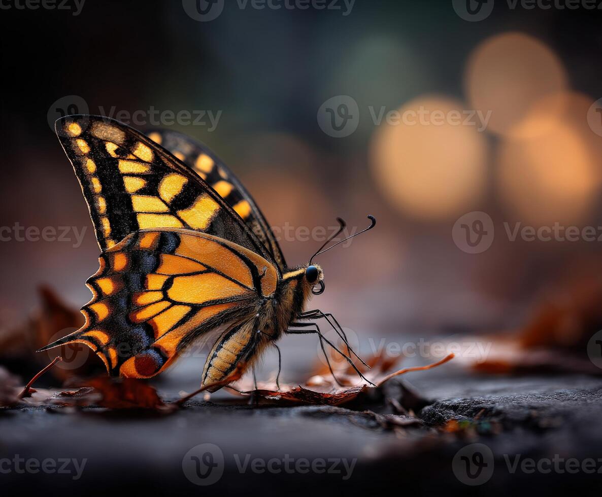 Butterfly resting on leaves during golden hour in nature photo