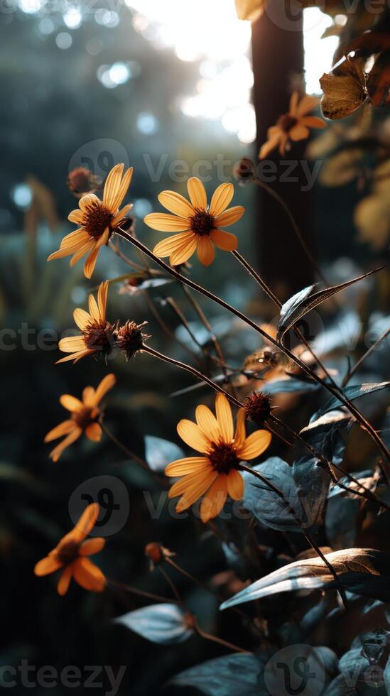 Bright yellow flowers bloom in a tranquil forest setting photo