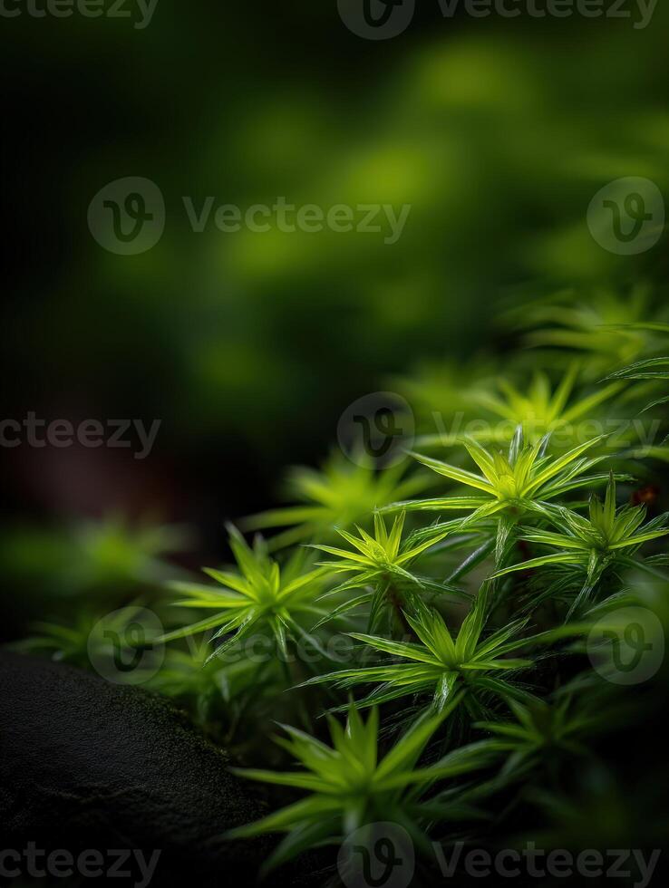 Lush green moss covers a rock in a serene forest setting photo