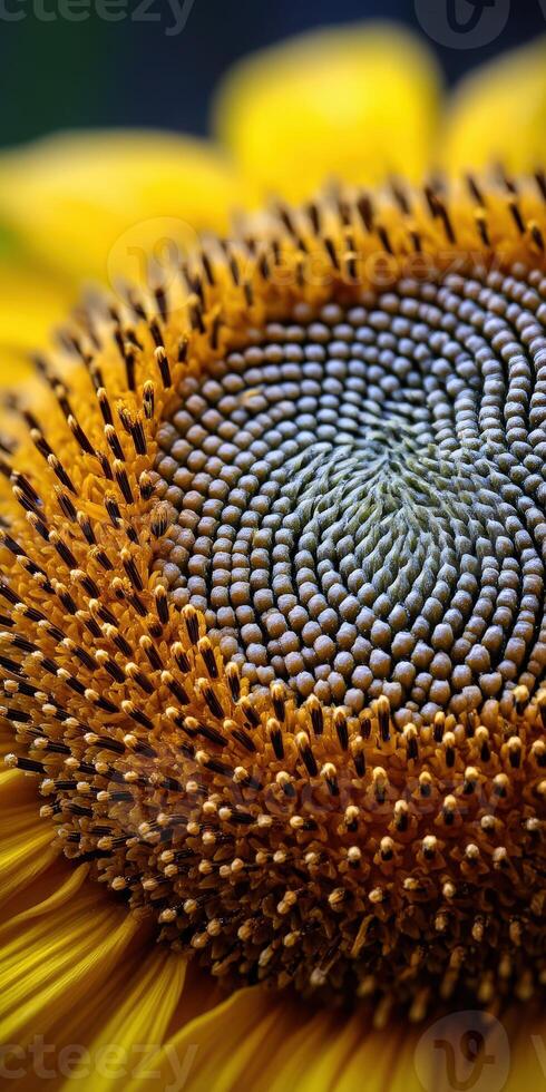 Close-up view of sunflower seeds showing intricate patterns photo