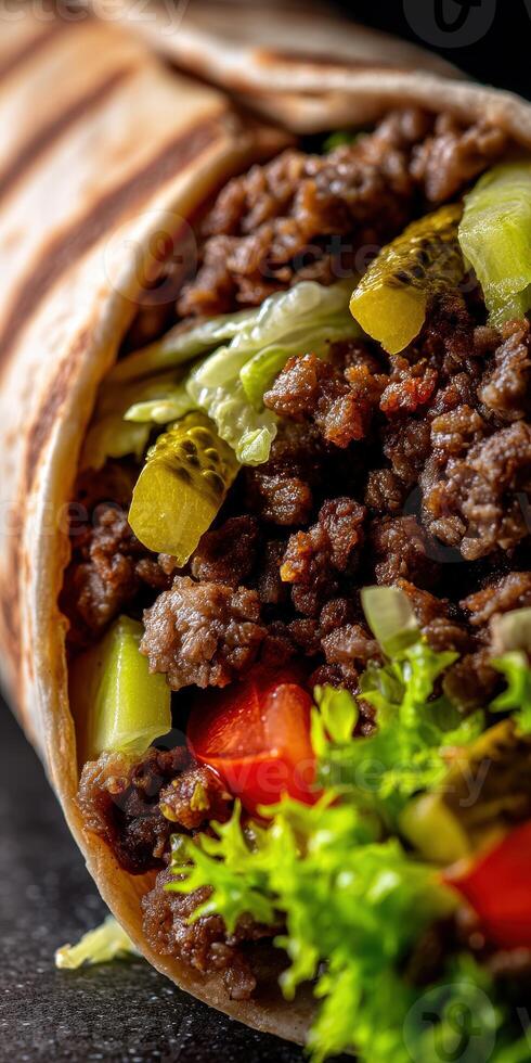 A close up of a burrito with meat and vegetables photo