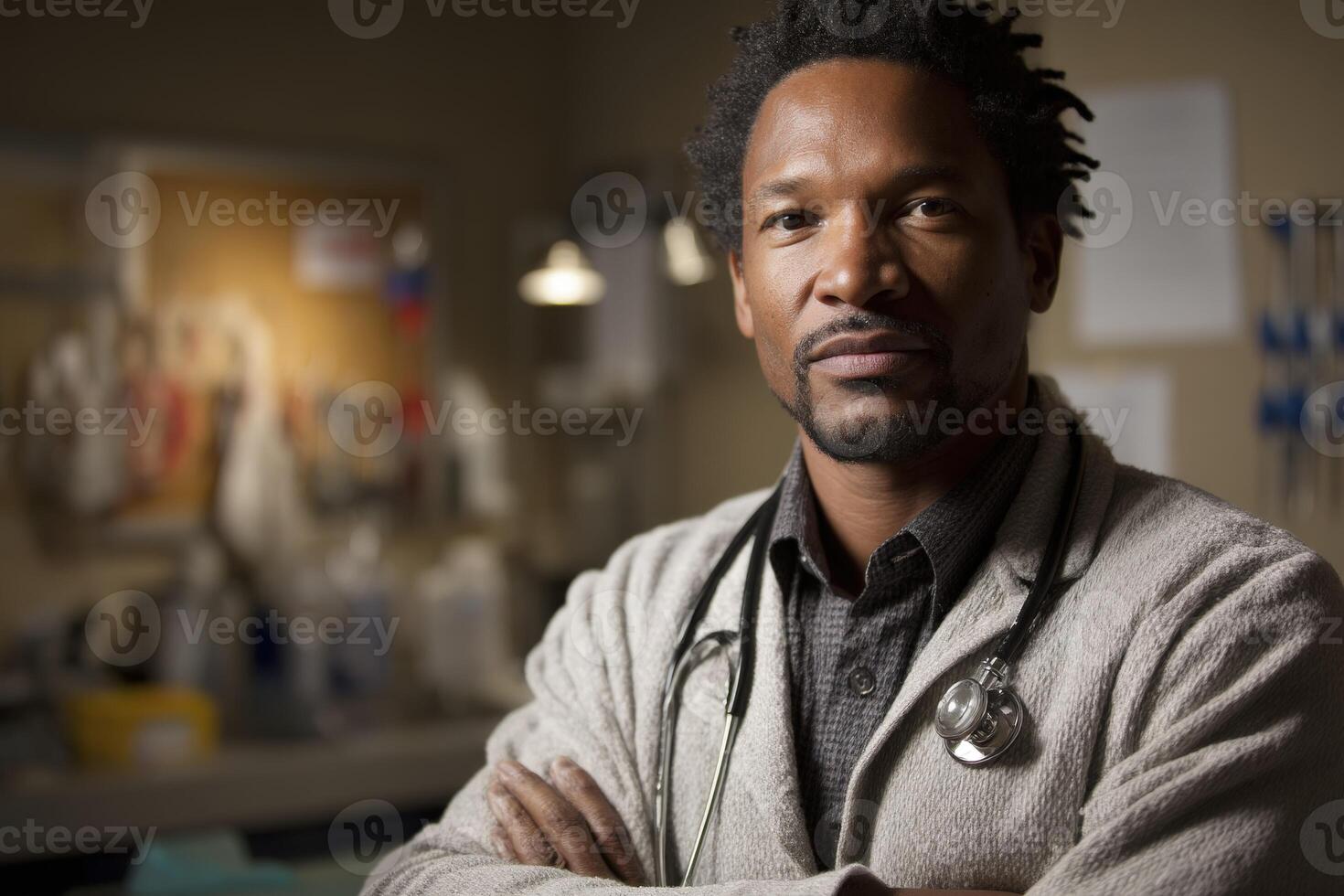 A black man with dreadlocks standing in front of a hospital photo