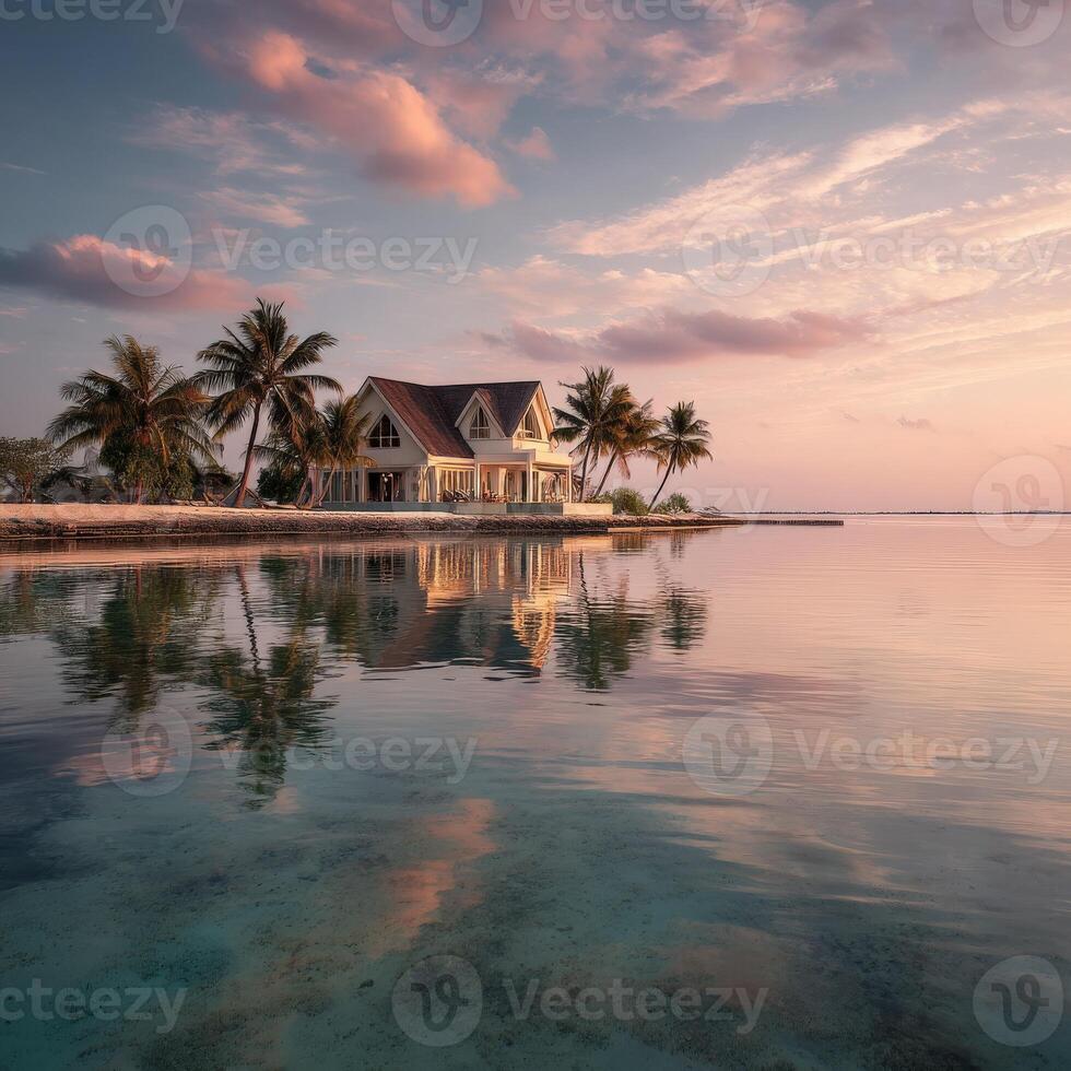 A house on the water at sunset photo