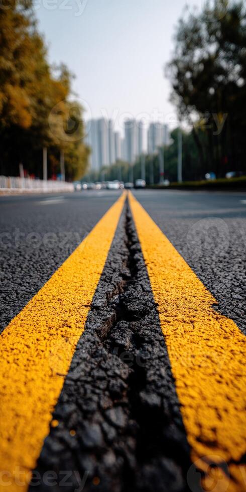 A road with yellow lines painted on it photo