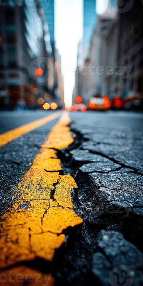 A crack in the road with traffic on it photo