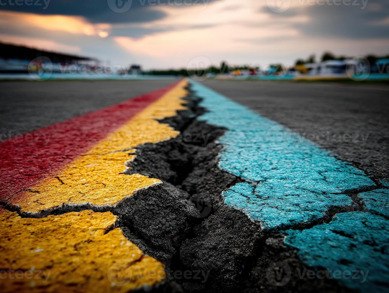 A close up of a road with a crack in it photo