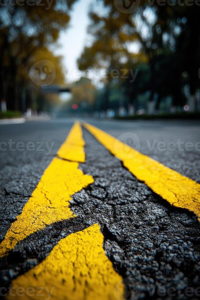 A yellow line on the road with a crack in it photo