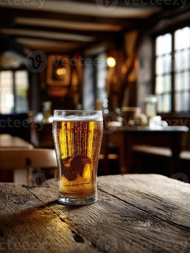 Craft beer served in a glass in a rustic pub setting photo