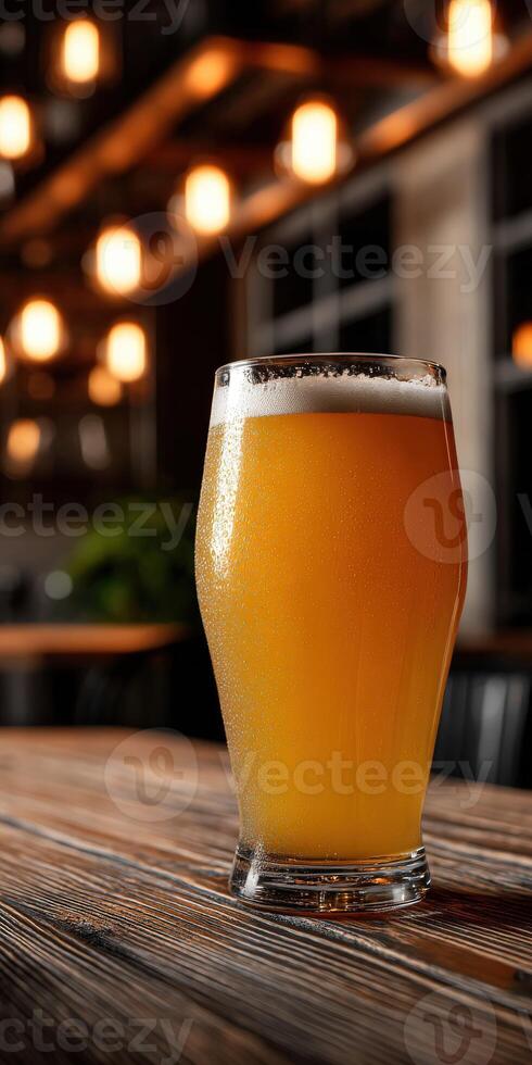Freshly poured craft beer in a cozy bar setting photo