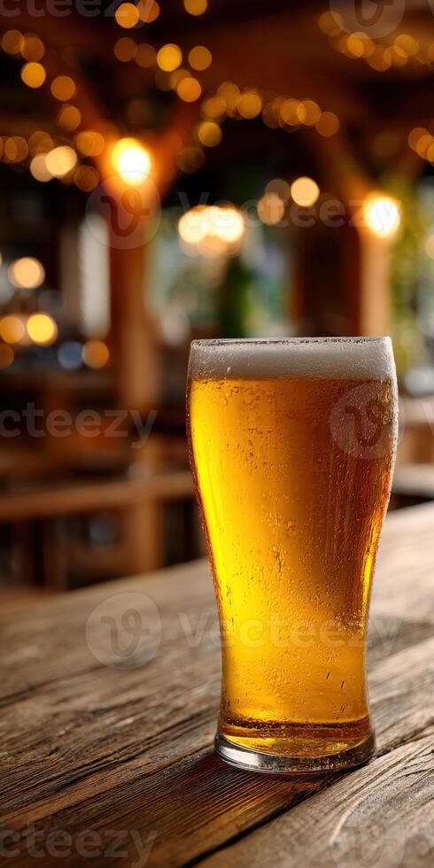 Refreshing beverage in a lively tavern atmosphere photo