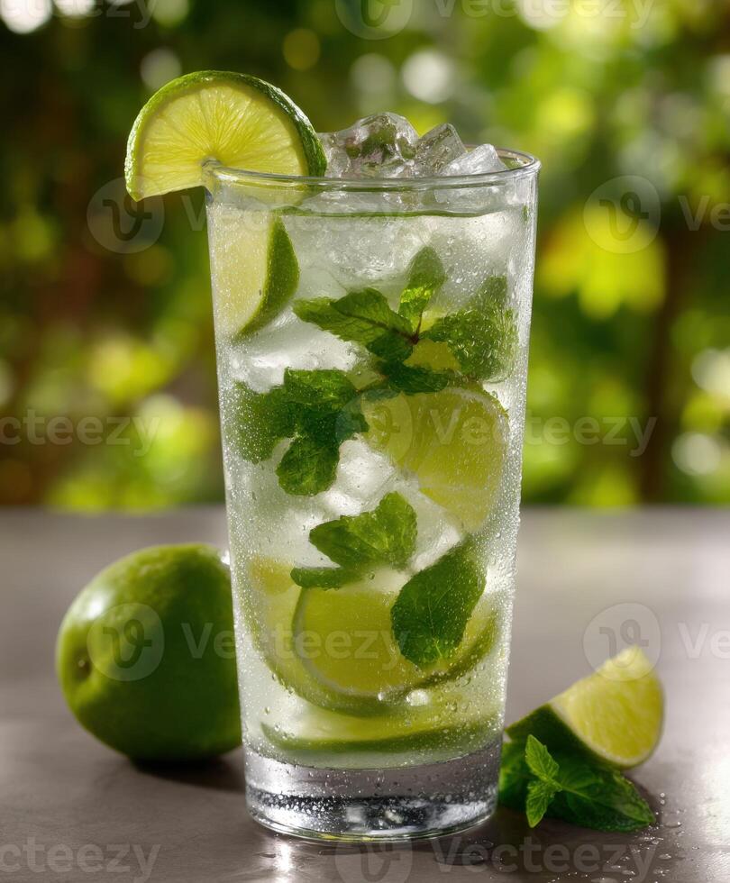 Refreshing mojito with mint and lime on a sunny day photo