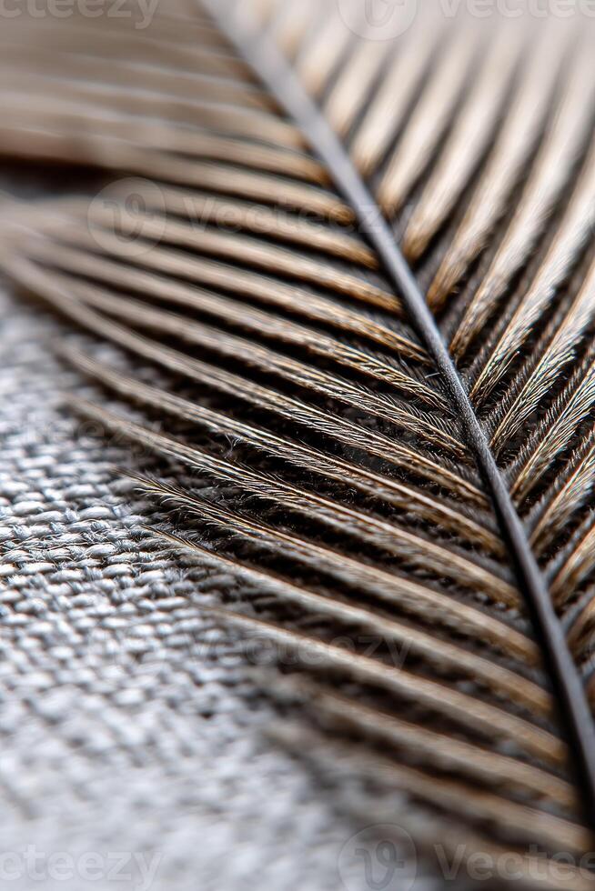 Close-up of a detailed palm leaf on textured fabric photo