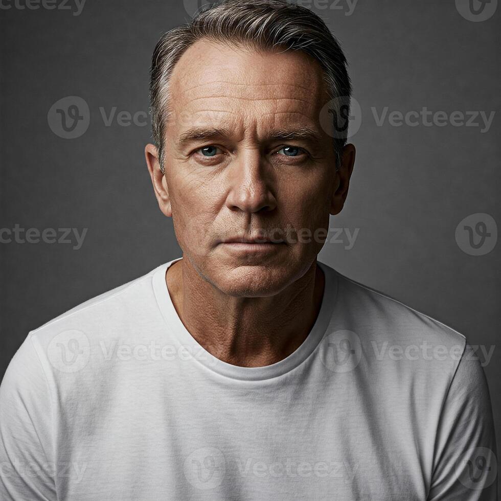 Intense Gaze Headshot of a Confident Middle-Aged Man with Salt and Pepper Hair in a White Tee, Isolated on Gray Studio Background photo