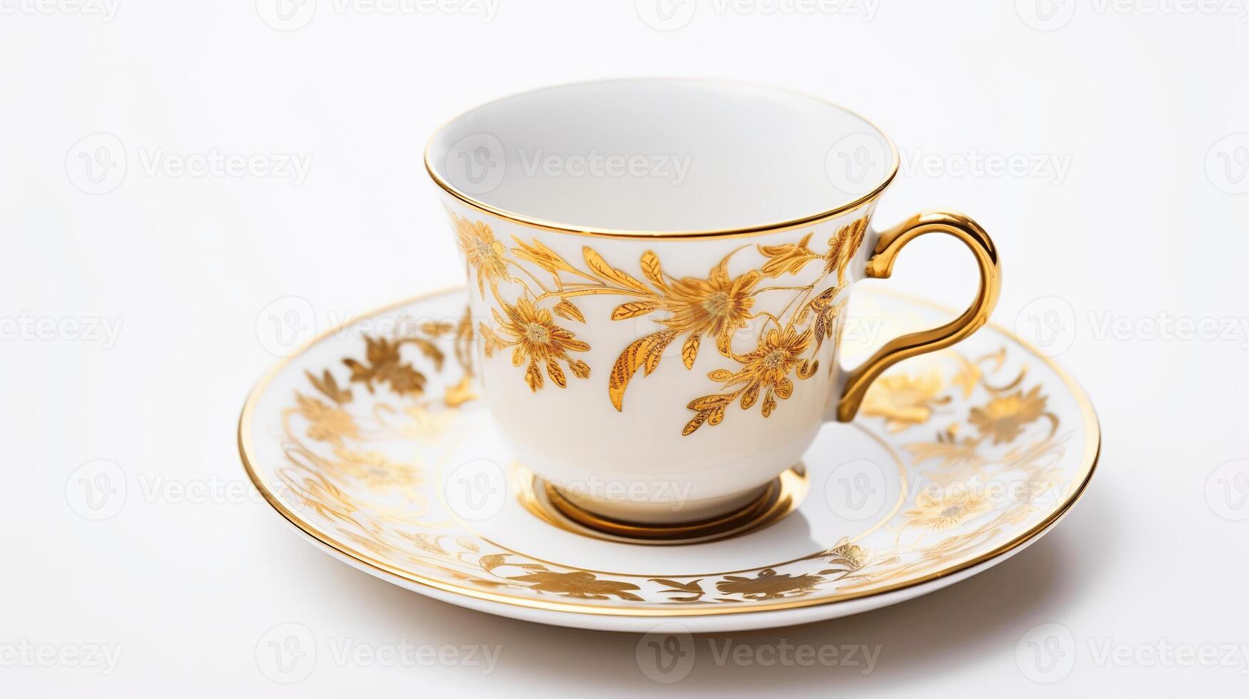 Elegant porcelain tea cup and saucer with intricate gold design photo
