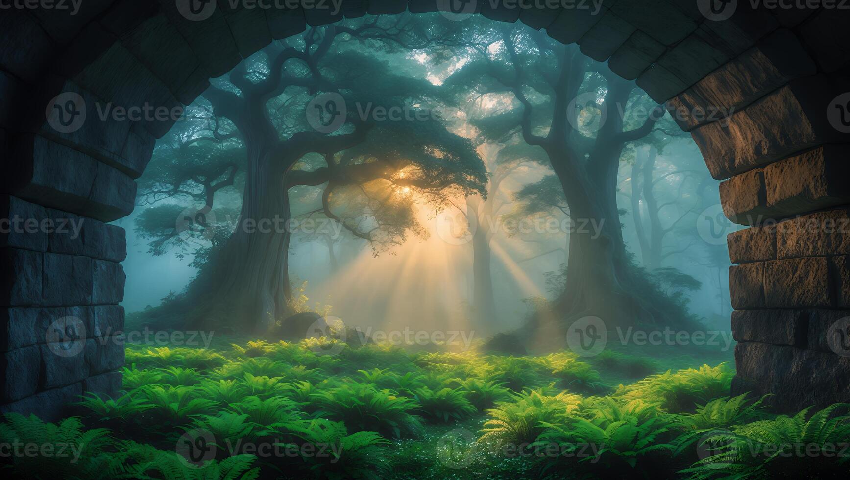 Forest Seen Through Stone Archway with Sun Rays photo