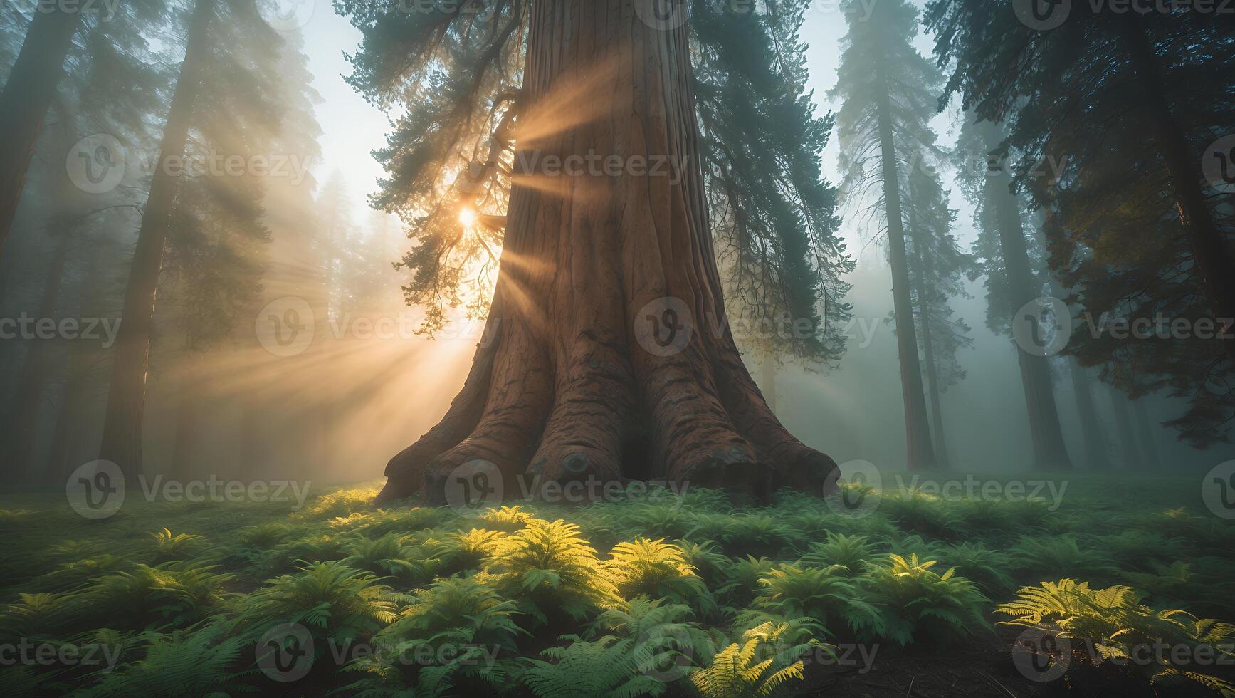 Giant Tree in Forest with Sun Rays and Ferns photo