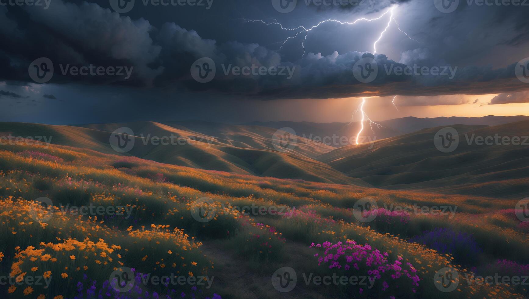 Lightning Over Flower Field on Rolling Hills photo