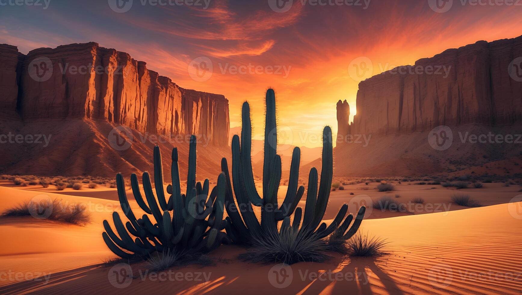 Cactus in Desert at Sunset photo