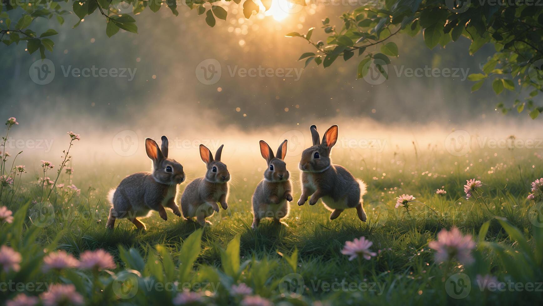Rabbit Running on Green Meadow with Sunlit Forest Background photo